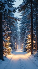 Poster - Enchanted Winter Forest Pathway Illuminated by Soft Light and Snowfal