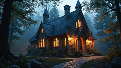 Poster - Enchanted Gothic Structure Illuminated by Warm Light in a Mystical Forest Setting