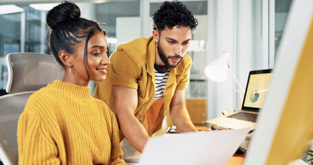 Aufkleber - Creative, advice or people with paperwork in office for website code feedback, design layout review or teamwork. Collaboration, programmer and designer with discussion of site development or planning