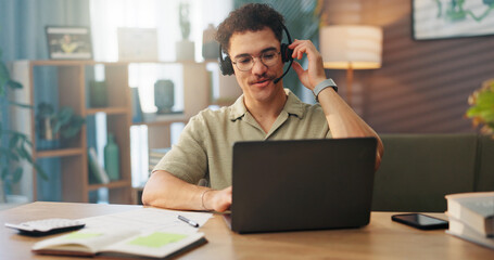 Aufkleber - Customer service, remote work and man with headset on laptop for support, online help and virtual meeting. Communication, working from home and person for discussion, advice and webinar on computer