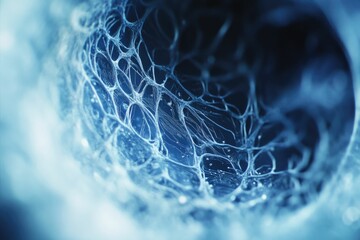 Wall Mural - intricate web-like structure, possibly biological or artificial, shown in blue tones.