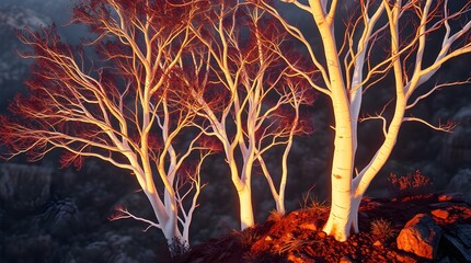 Wall Mural - fiery red and orange hues illuminate stark white trees against a dark, moody background, creating a 