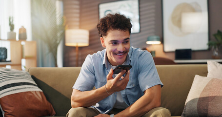Aufkleber - Speaker phone, smile and man in home for communication, story and recording audio message for news. Voice note, mobile and person on sofa for call with contact, talking and question for ai assistant