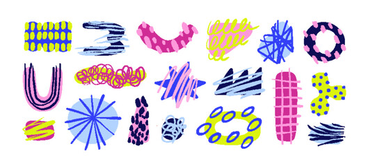 Leinwandbilder - Abstract doodle shapes set. Hand-drawn geometric organic figures, forms with scribbles, swirls, grid. Modern creative design elements in funky style. Flat vector illustration on white background