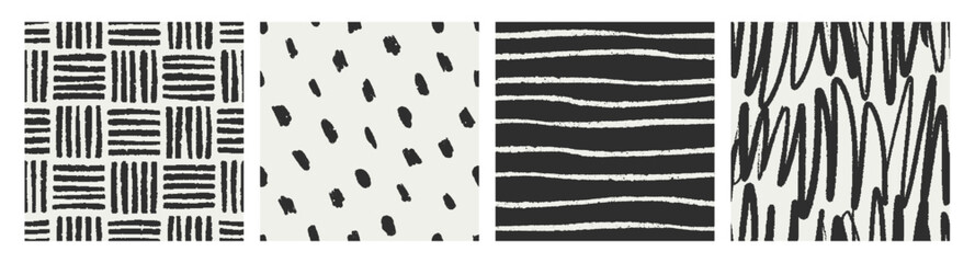 Fototapete - Seamless abstract scribble textures set. Repeating pattern designs with black and white crosshatch, brushstrokes, doodle lines, freehand stripes, rough pencil sketches. Drawn vector illustrations