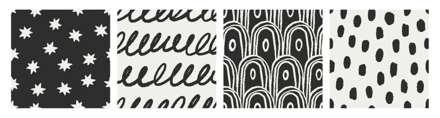 Leinwandbilder - Seamless abstract scribble patterns set. Hand-drawn stars, doodles in black, sketch drawings on endless textures, repeating prints for modern fabric, wallpaper, wrapping design. Vector illustrations