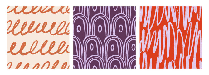 Leinwandbilder - Seamless abstract patterns set. Modern freehand doodle style textures, organic scribbles. Endless background, repeating print for textile, wallpaper, wrapping design. Hand-drawn vector illustrations