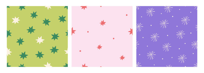 Aufkleber - Seamless doodle patterns with stars and fireworks. Endless backgrounds, abstract textures, repeating print in modern style. Hand-drawn vector illustrations for textile, fabric, wrapping design
