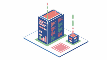 Isometric illustration of a data center with servers and data transmission lines on a white background