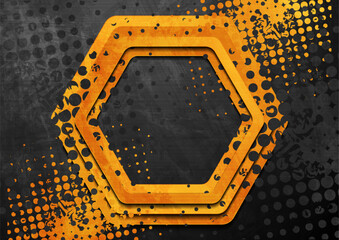 Leinwandbilder - Black and orange contrast hexagons abstract geometric grunge background. Vector halftone retro design