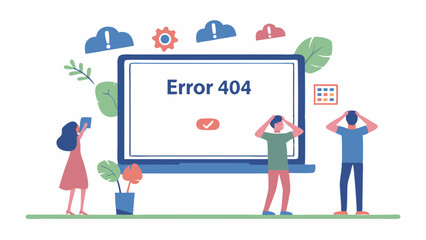 People reacting to error message on laptop with cloud icons and plants in a digital illustration