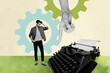 © deagreez - Poster art collage of person stand near type machine cog gear wheel on pastel background