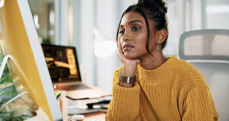 Poster - Creative, bored and woman with thinking by computer for software design, deadline procrastination and moody. Web designer, employee and low energy at agency for site development, fatigue and burnout