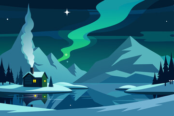 frozen lake under the northern lights with a cabin vector illustration