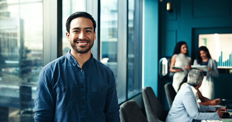 Poster - Office, businessman and portrait with smile for meeting, investment growth or financial advisor. Career, male person and finance consultant with confidence for risk management, agency and happiness