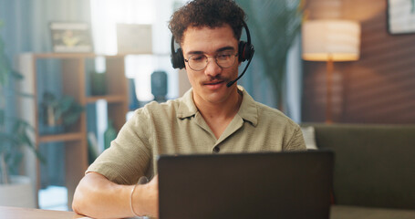 Poster - Man, consultant or remote worker with headset on laptop for online advice or communication at home. Male person, agent or virtual assistant with computer for desktop support, help or service at house
