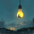 © Naeem - A boy reading a book inside of a glowing lightbulb floating above a cityscape at night time scene