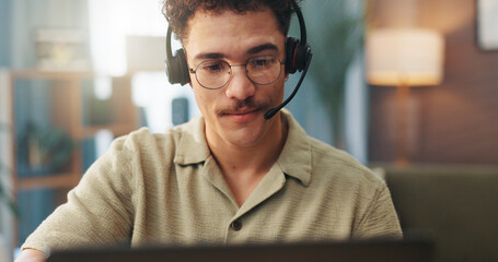 Poster - Video call, remote work and man with headset on laptop for conversation, online chat and virtual meeting. Communication, working from home and person for discussion, talking and webinar on computer