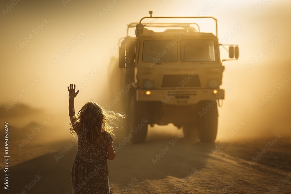 Girl waving goodbye to a soldier parent boarding a military truck ...