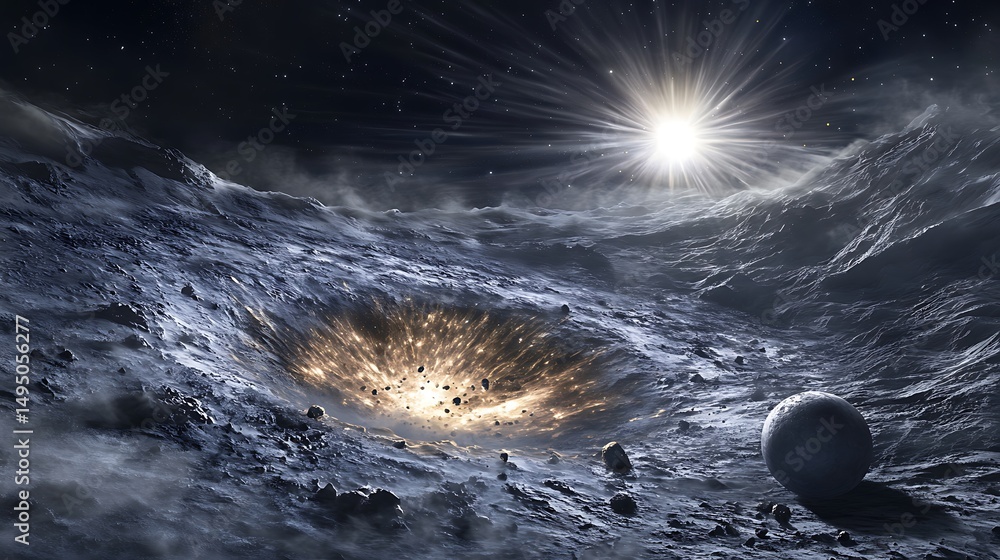 Meteor Scene Dramatic cosmic scene of a meteor impact on a barren moon-like surface ...