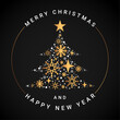 © PixelSupply - Elegant Merry Christmas and Happy New Year Greeting with a Gold Snowflake Christmas Tree on a Black Background, Holiday Vector Illustration