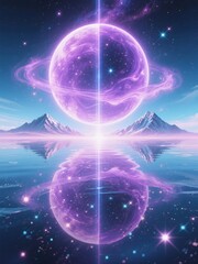 Wall Mural - A surreal landscape featuring a glowing planet with rings reflected in a serene body of water, set against a backdrop of mountains and a starry sky.