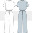 © gulsenbozkurt - Oversize relax fit cotton crop top t shirt and wide leg sweatpants suit drawing. Home wear, Loungewear Fashion design illustration, Vector, CAD, Technical Drawing, Flat Sketch, Template, Mockup.