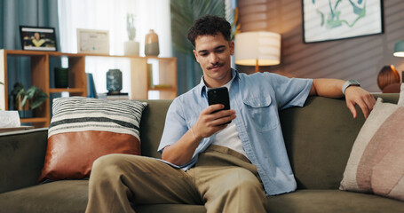 Aufkleber - Relax, smile and man with mobile in home for communication, chat and reading message. Sofa, online and happy person with smartphone for texting, social media and browsing website to download app