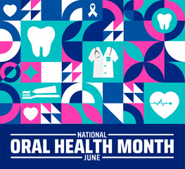 Wall Mural - national oral health month geometric shape pattern background banner or poster design template. obse
