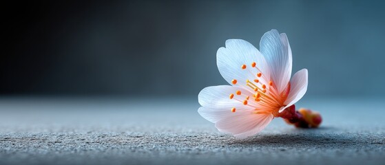 Aufkleber - A delicate white blossom with orange stamen rests gently on a textured surface in soft, cool lighting.