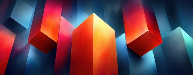 Aufkleber - Abstract geometric shapes rise, displaying vibrant hues of red, orange, and cool blue gradients.