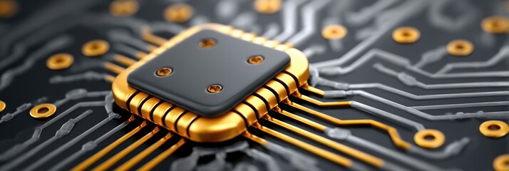 Fototapete - Close up View of a Microchip Integrated Circuit on a Circuit Board   showcasing intricate technological details