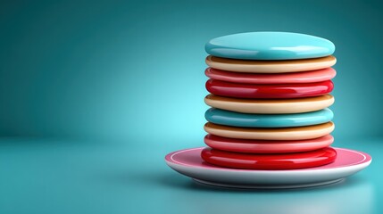 Aufkleber - Colorful Stack of Round Discs on Plate Teal Background Abstract Design