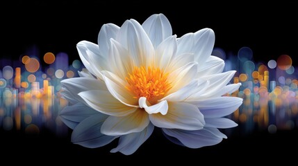 Fototapete - A luminous white lotus flower with vibrant yellow center is depicted against a dark blurred background.