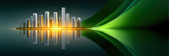 Poster - Modern City Skyline Reflected in Calm Water with Abstract Green Design Element A Stunning Urban Landscape at Sunset