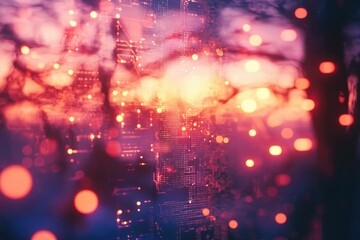 Wall Mural - abstract digital artwork depicting a circuit board overlaid on a bokeh forest scene at sunset, repre