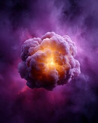 Fototapete - A vibrant cosmic cloud with bright center glows amidst a purple and magenta nebula in deep outer space.