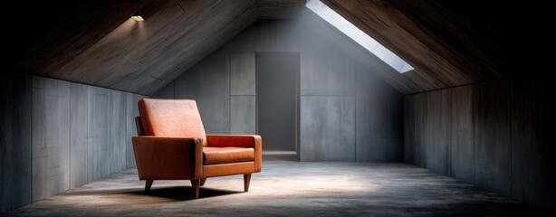Poster - Orange armchair sits alone in a dusty attic bathed in sunlight from a skylight window above.