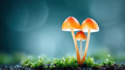 Poster - Three vibrant orange mushrooms grow together on mossy ground with a beautiful blurred teal background glow.