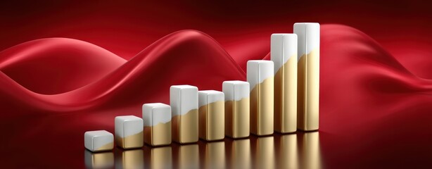 Poster - Ascending Gold and White Bar Graph on Red Fabric Background Showing Growth and Success