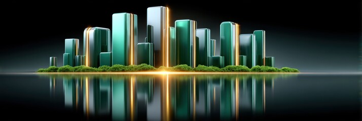 Poster - Futuristic Eco City Skyline Green Buildings Reflected in Still Water at Night
