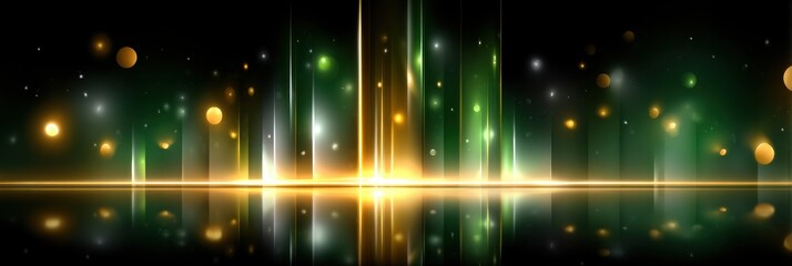 Fototapete - Abstract Green Gold Light Rays Background with Glowing Particles and Reflections