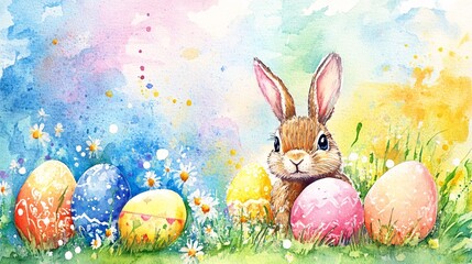 Wall Mural - watercolor bunny sitting near pastel eggs, surrounded by daisies in blooming spring meadow landscape