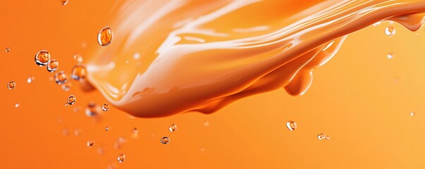 Poster - Orange liquid splashing, generating dynamic droplets amid bright tangerine background