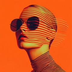 Fototapete - Stylish woman with striped shadows projected on her face wearing sunglasses on orange background
