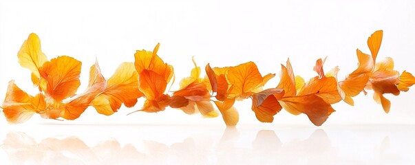 Aufkleber - Translucent orange autumn leaves stringing together, forming delicate garland floating gracefully, casting soft reflection on white surface