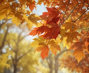 Wall Mural - Close-up shot of colorful autumn leaves against blurred background, colorful, light, background