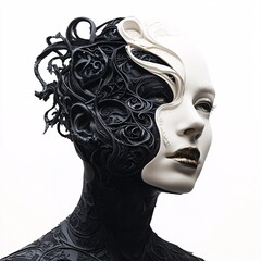 Poster - Mannequin face divided in black and white with gold lips and intricate floral ornaments, representing duality and artistic expression