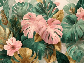 Wall Mural - tropical leaves seamless layout in muted pastel tones for design