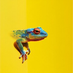 Leinwandbilder - Studio shot of a colorful chameleon peeking around a corner on a vibrant yellow background
